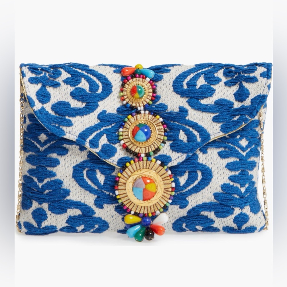 Blue and White Embroidered Clutch Steven by Steve Madden